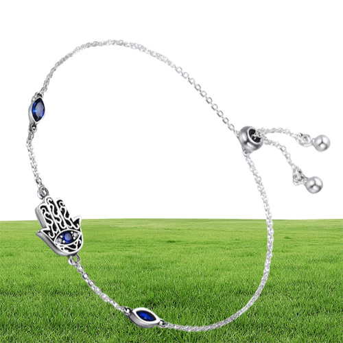 Bamoer 100 925 Sterling Silver Lucky Hamsa Fatima Handketen Link Armbanden voor vrouwen Blue CZ Silver Jewelry SCB076 MX19072735799899