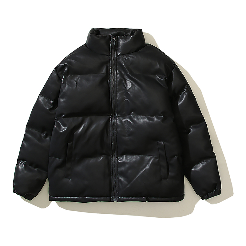 Designer Cotton Jacket Black Minimalist Heavyweight Stand Collar PU Leather Thickened Warm Down Jacket