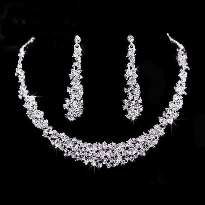 Trendiga silverkristaller bröllop brud smycken set halsband örhängen set bländande strass kvinnor tillbehör prom party smycken set gåva al8609