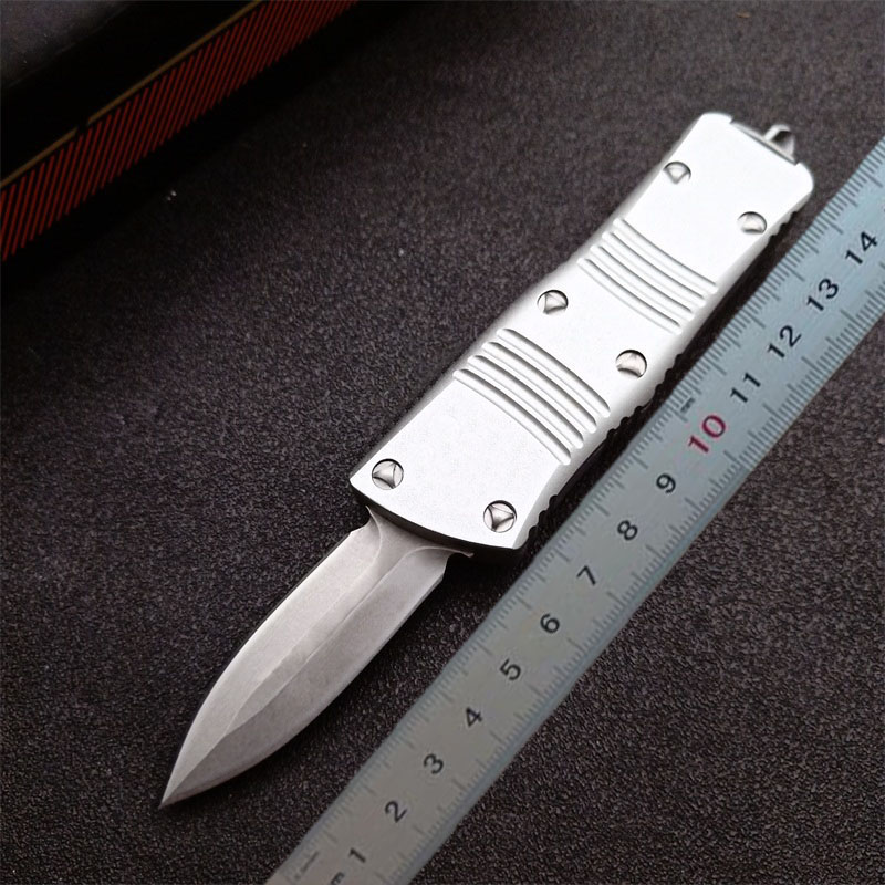 High Quality High End Silver MT UT AUTO Tactical Knife D2 Stone Wash Blade CNC 6061-T6 Handle EDC Gift Knives With Nylon Bag