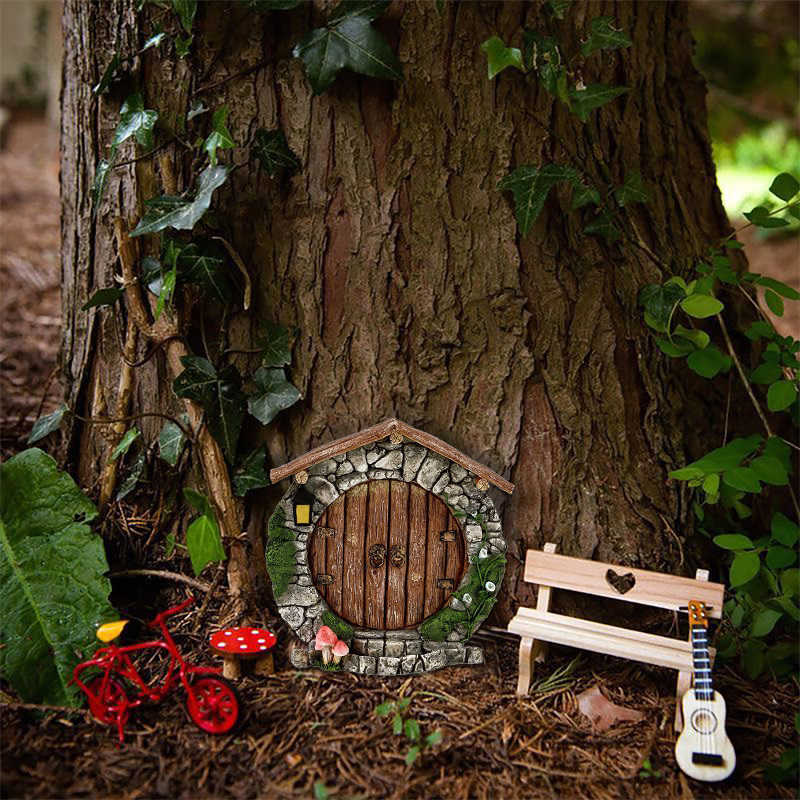 Nieuwe miniatuur Fairy Gnome Door Figurines Elf Home Houten Fairy Garden Raam Deur Art Tree Beeldhouwbeelden Ornament Outdoor Decor