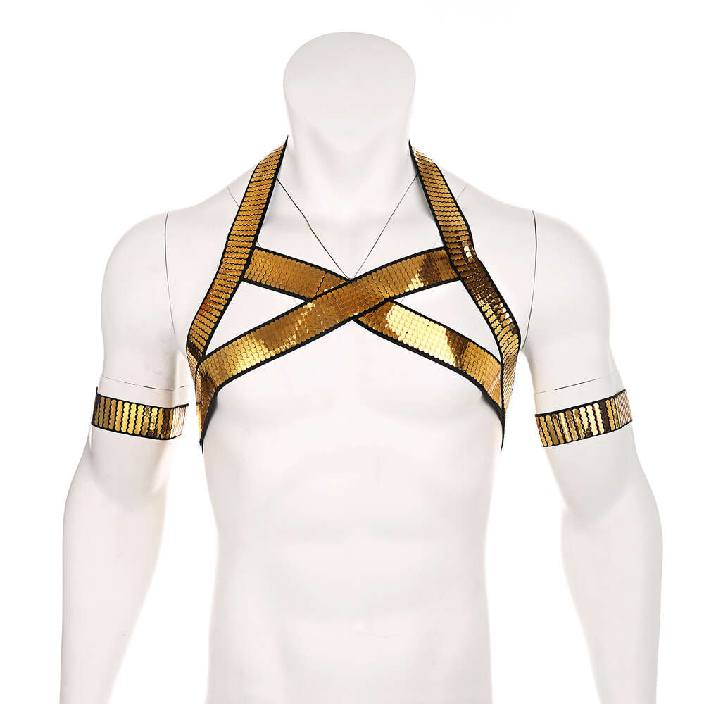 Men S Sexy Harness Shiny Golden Halter Elastic Chest Neck Band BDSM Bondage Fetish Body Belt With Pcs Armband
