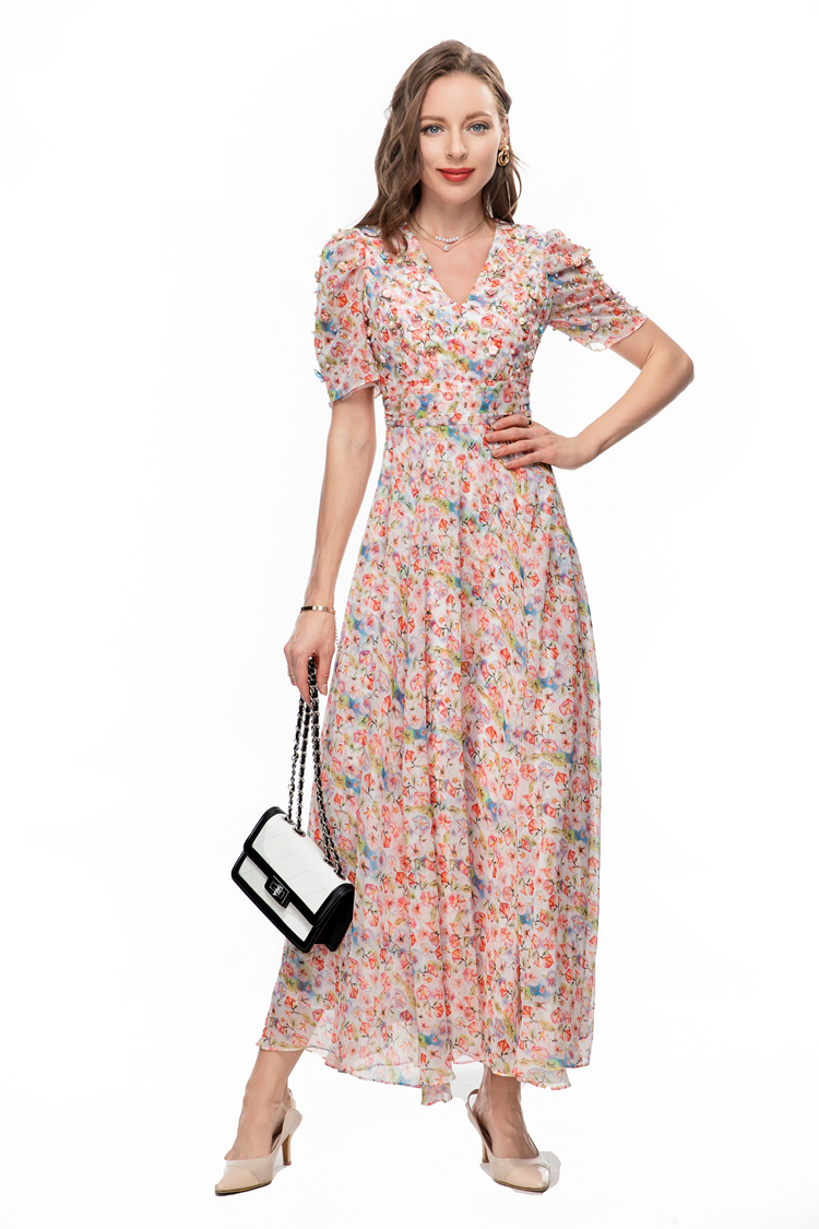 Women's Runway Dresses Sexy V Neck Short Sleeves Floral Printed Beaded Elegant Fashion Designer Maxi Vestidos