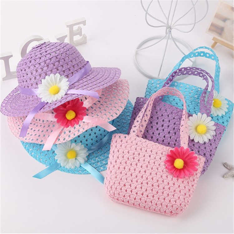 Caps S Summer Hunflower Straw Handbag Suit Kids Beach Bearsable Flower Tote Set Set Hat and Bag for Girl Accessories 2-6 Year P230424