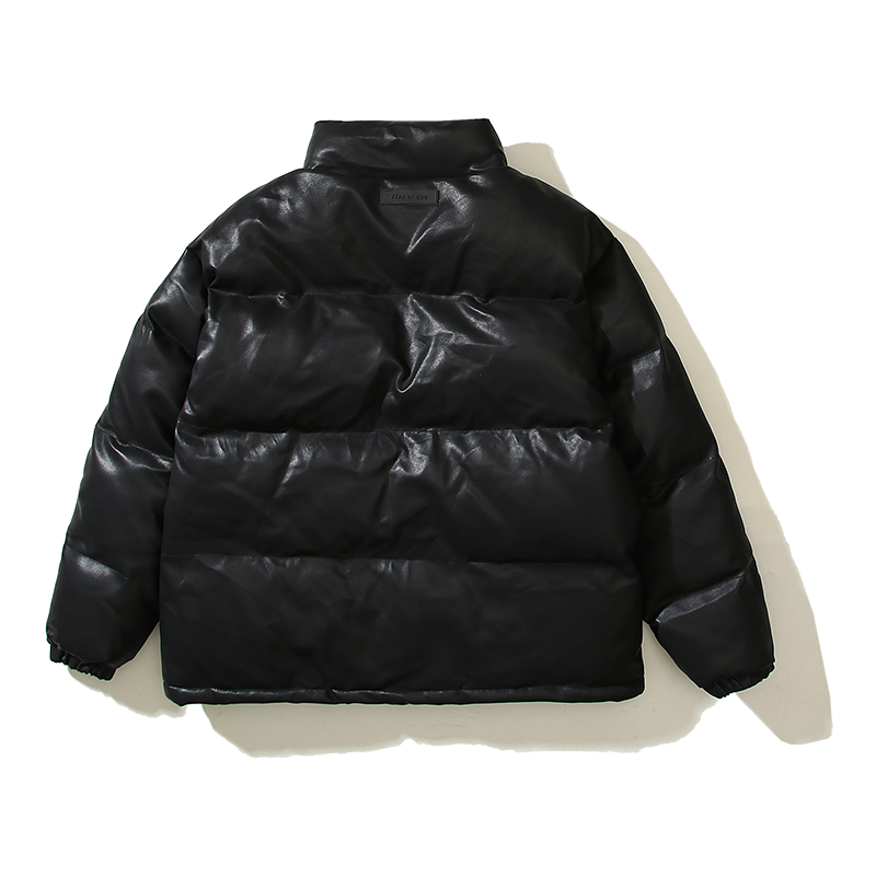 Designer Cotton Jacket Black Minimalist Heavyweight Stand Collar PU Leather Thickened Warm Down Jacket