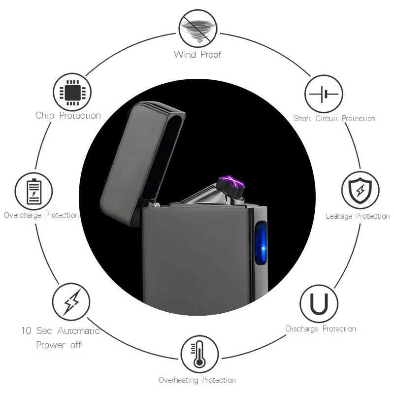 Isqueiros venda quente duplo arco à prova de vento isqueiro sem chama com display de energia LED USB recarregável toque metal plasma presente incomum