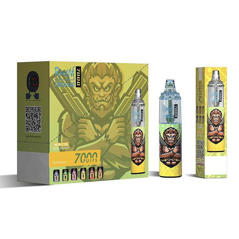 Original Randm Tornado 7000 Puffs engångsvapspenna elektroniska cigaretter 14 ml POD Mesh Coil 6 Glowing Colors Recheble 850mAh Battery 7K Puff Device