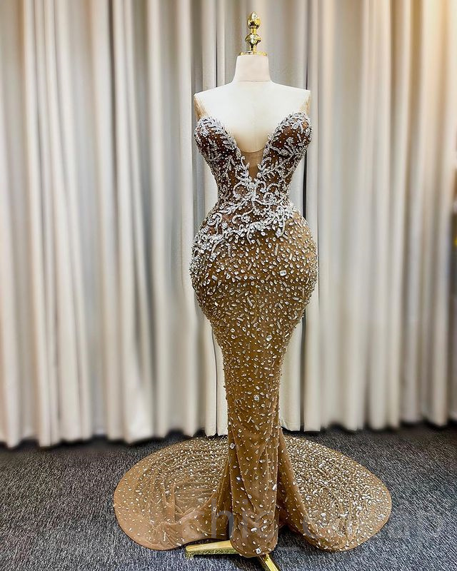 2023 April Aso Ebi Mermaid Gold Prom Dress Crystals Beaded Sexy Evening Formal Party Second Reception Birthday Engagement Gowns Dress Robe De Soiree ZJ692