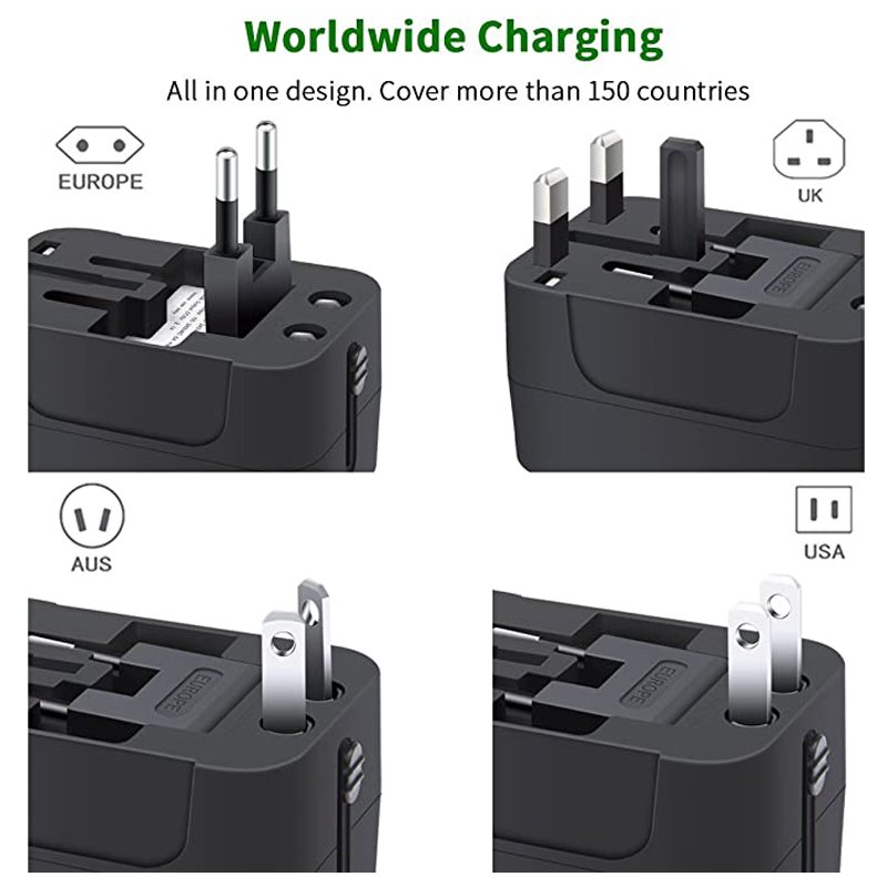 All-in-One-Universal-Reiseadapter, Wandladegerät, internationales Steckernetzteil mit zwei USB-Ladeanschlüssen für USA, EU, UK, AUS