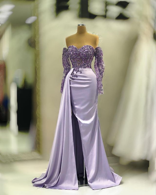 2023 April Aso Ebi Lilac Mermaid Prom Dress Crystals Lace Satin Evening Formal Party Second Reception Birthday Engagement Gowns Dress Robe De Soiree ZJ622