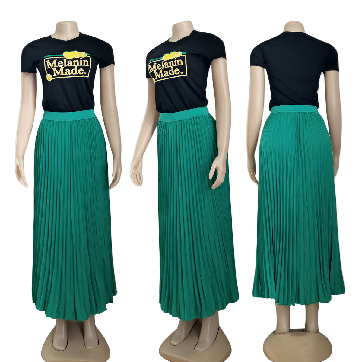 Designer Pleated Two Piece Dress Women Casual Print T-shirt and Long Maxi Skirt Sets Free Ship