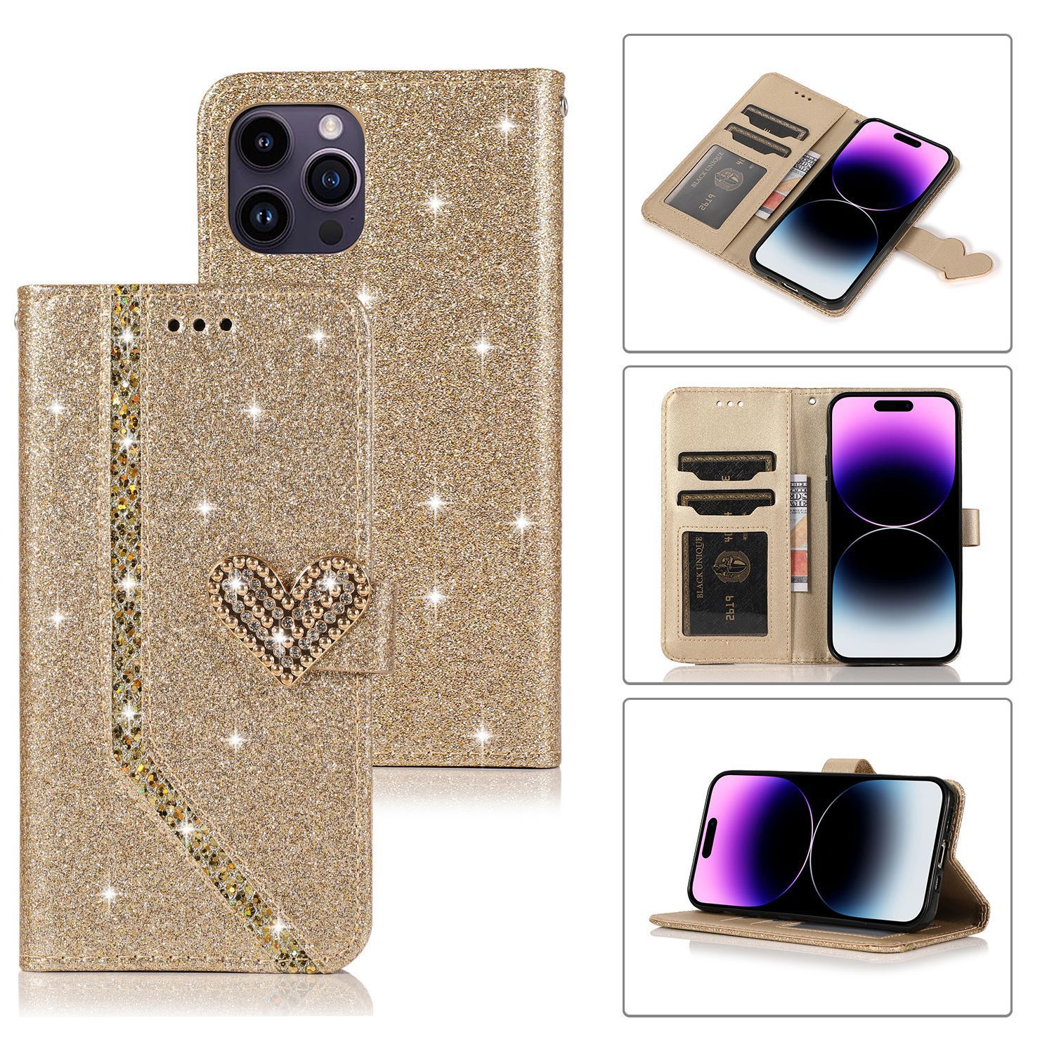 Bling Diamond Glitter en cuir Portefeuille pour iPhone 11 12 Mini 13 14 Pro Max XS MAX 6 7 8G Plus Étui du support de téléphone