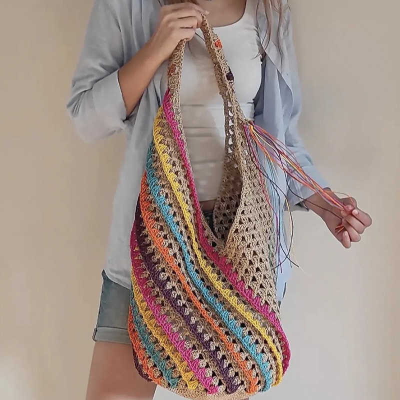 Bolsas de ombro casual colorido palha listrada saco de ombro de ombro hollow grande bolsa de bolsa de verão de verão grande bali handabgs 2023 férias