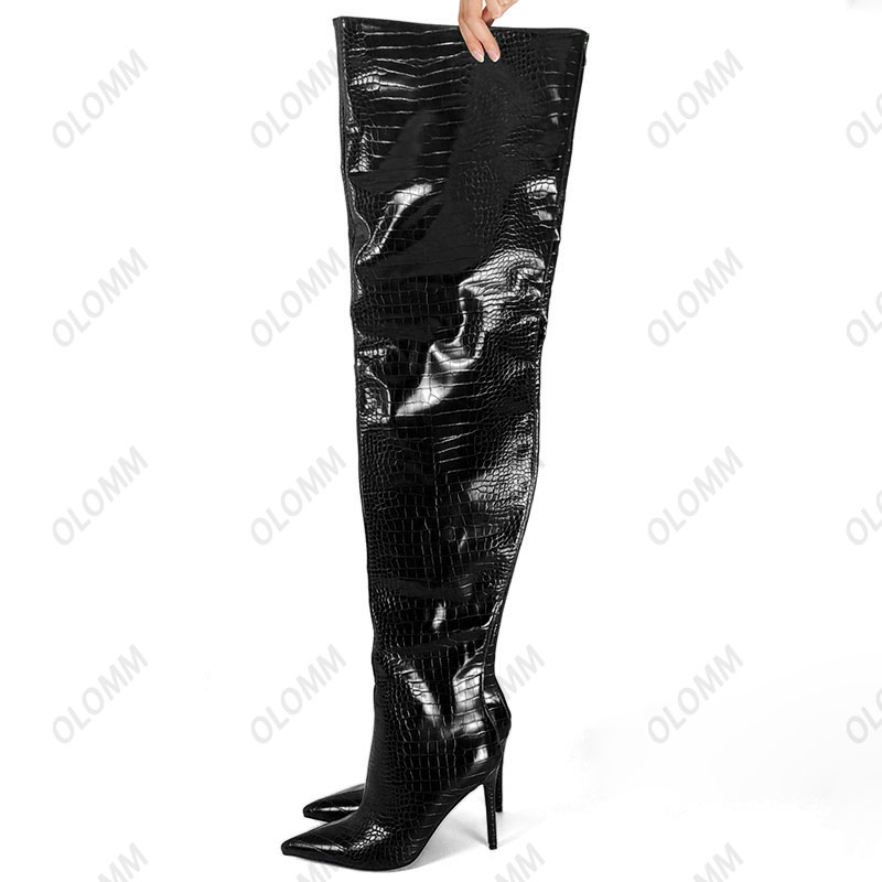 Olomm Fashion Women Thigh High Boots Stiletto High Heels Boots Pointed Toe Super Sexy Gold Night Club Shoes Women US Size 5-15