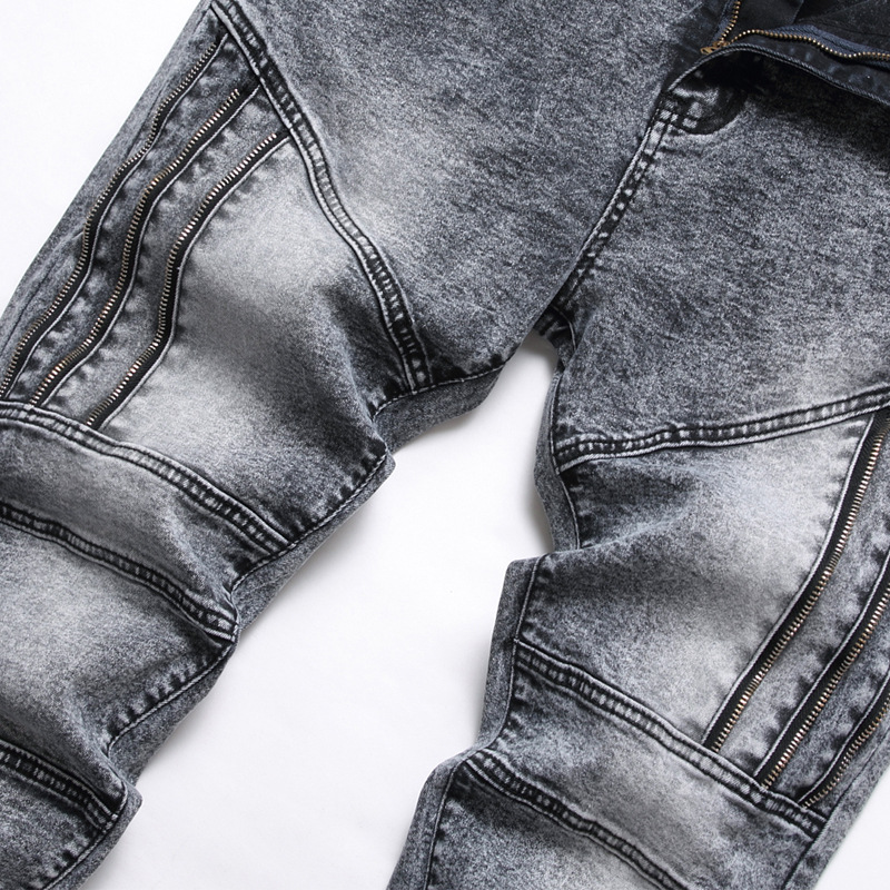 Grå Slim-Fit Straight Men's Jeans Nostalgic Ripped Stitching Pants Pantalones Para Hombre Vaqueros