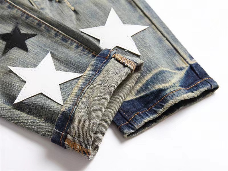 Lila smal fit designer jeans lapp hål denim raka herrbyxor