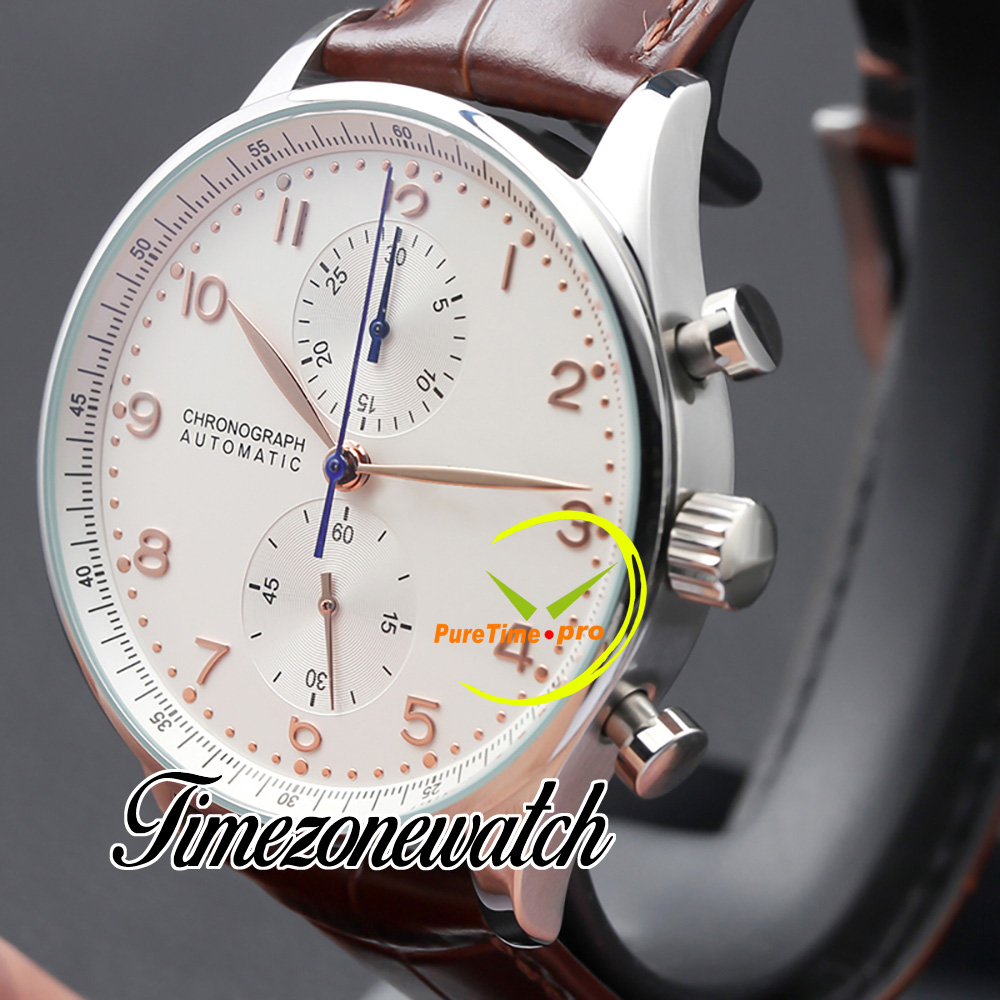 40.9mm Portugieser Chronographe Quartz Montre Homme 371445 371480 Montre Homme Cadran Blanc Acier Csse Bracelet Cuir Marron Chronomètre Nouvelles Montres Timezonewatch Z03a5