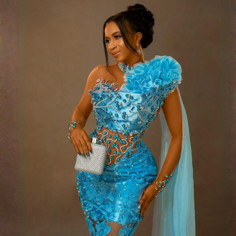 2023 ASO EBI Blue Mermaid Sheer Neck Illusion Prom Dress Luxious Tulle Lace Party Evening Second Reception Birthday Engagement African Gowns Dresses AM012