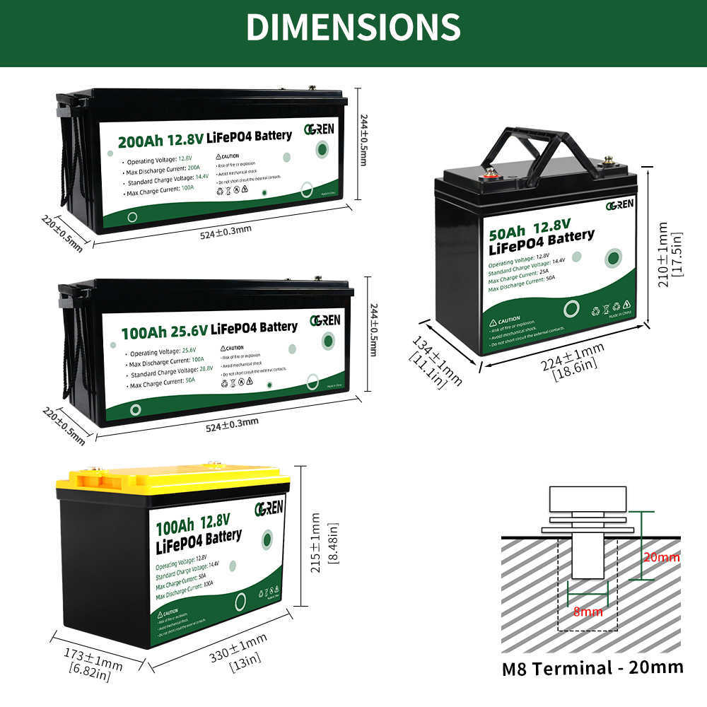 12V 50AH 100AH 200Ah 24V 100AH LiFePO4 Batterie Lithium Fer Phosphate Batterie Intégrée BMS Batterie Solaire RV Vans Bateaux Campeurs