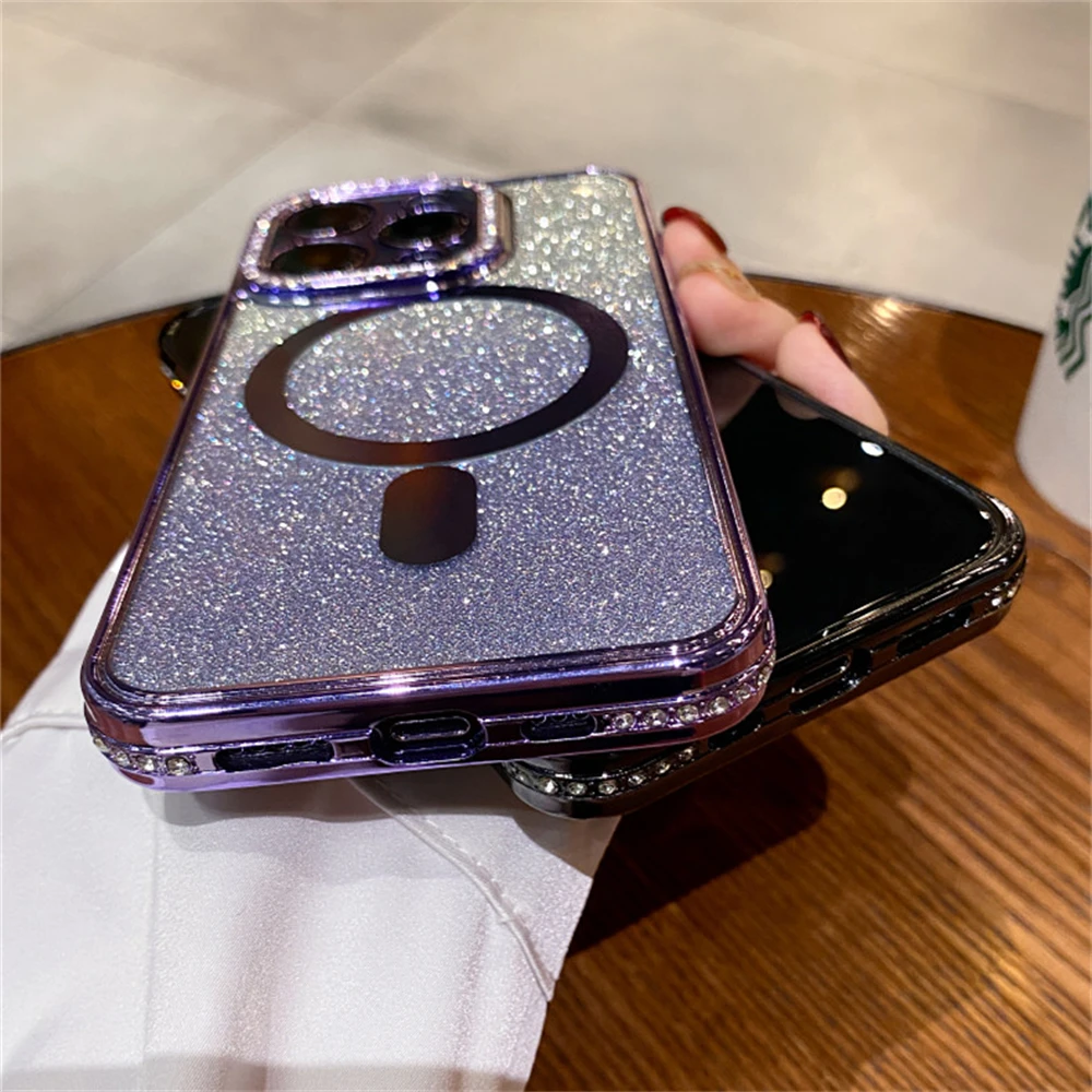 Magsafe manyetik şarj telefon kasası için iPhone 15 13 12 11 14 Pro Max Plus Kamera Lens Kenar Kaplama Glitter Rhinestones Gradyan Şeffaf Yumuşak TPU Kapağı