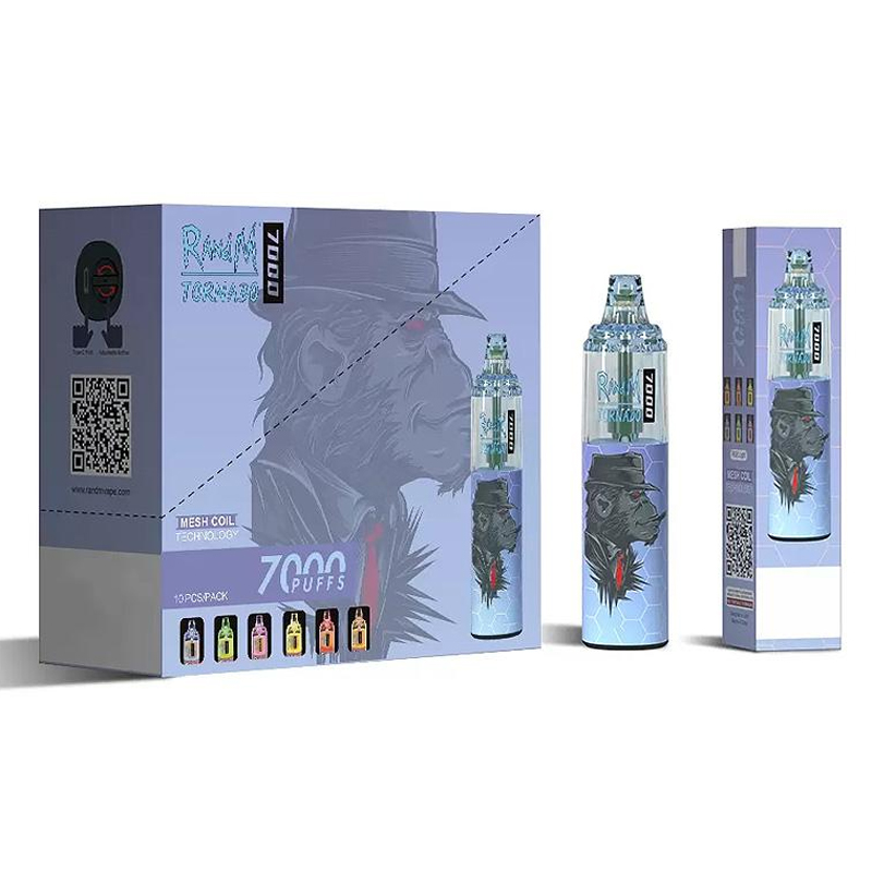 Original Randm Tornado 7000 Puffs engångsvapspenna elektroniska cigaretter 14 ml POD Mesh Coil 6 Glowing Colors Recheble 850mAh Battery 7K Puff Device