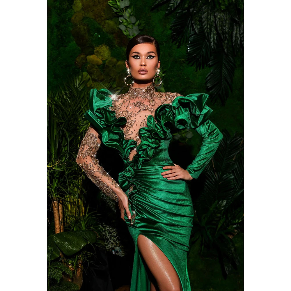 Emerald Green Mermaid Split Evening Dresses Full Sleeves Delicate Crystal Long Evening Gowns Ruffes Formal Dress