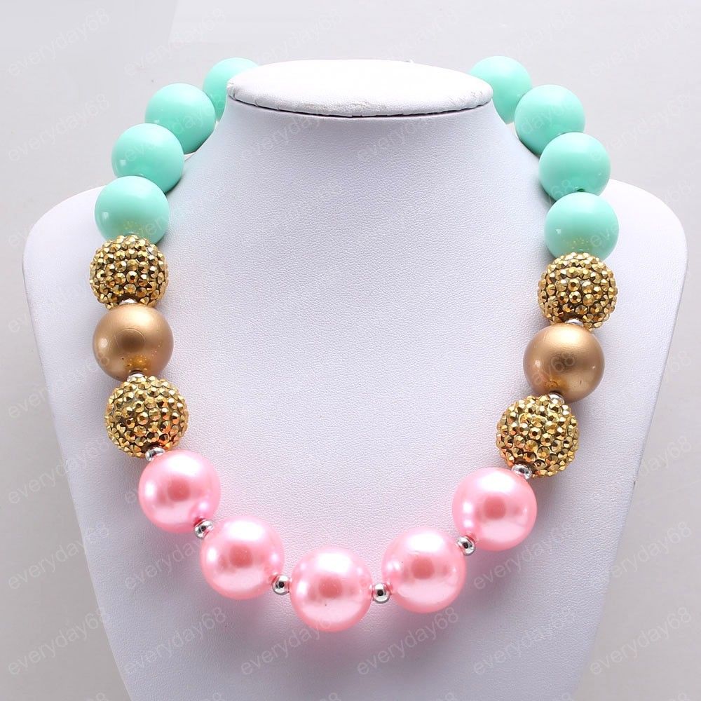 Collier de perles épaisses pour bébés filles, or/rose/vert menthe, collier Bubblegum épais pour enfants, bijoux à la mode