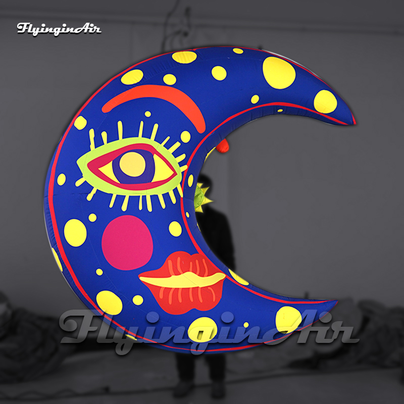 Fantastic Hanging Inflatable Crescent Illuminated Quarter Moon Cartoon Monster Balloon With Eyes And Lips For Party Decoration