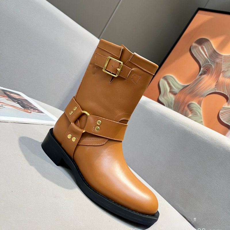 Women Designer Half Boots 2023 Fashionable New Biker Boots Leather All-Match Casual Chunky Ankle Boots Belt Buckle A Slip-On Doc Martens