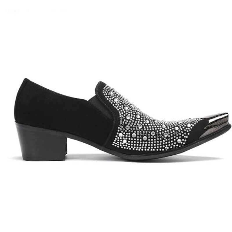 Zapatos de vestir de cuero genuino con punta de Metal puntiagudo, zapatos de tacón de 6cm para hombre, zapatos de hombre con diamantes de imitación negros para negocios, fiesta/boda