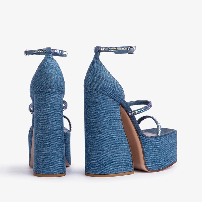 Été nouvelle mode sandales à talons hauts mode Denim strass semelle épaisse grandes sandales pour femmes