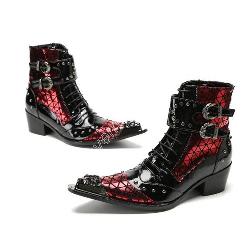 2024 High Heels Leather Ankle Boots Men Iron Toe Buckles Zip Black Red Punk Motorcycle Short Boots for Man, Big Sizes