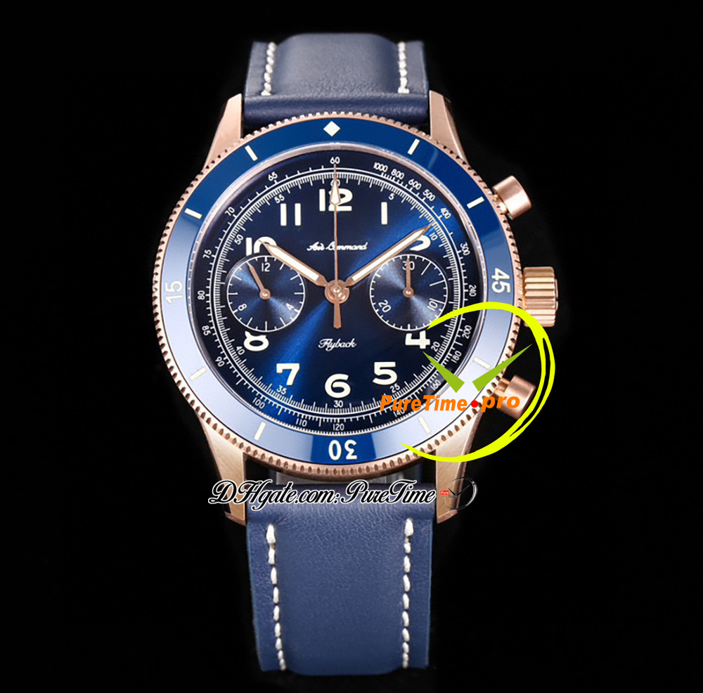 ITF Air Command F388B Cronografo automatico Orologio da uomo AC02-36B40-63B Oro rosa Ceramica Lunetta Quadrante blu Pelle Super Edition Reloj Hombre Montre Homme Puretime A1