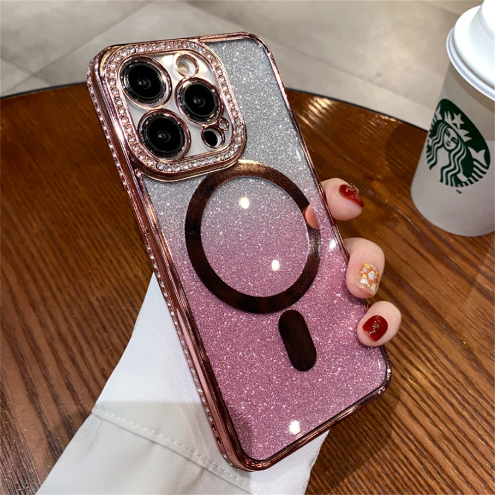 Magsafe manyetik şarj telefon kasası için iPhone 15 13 12 11 14 Pro Max Plus Kamera Lens Kenar Kaplama Glitter Rhinestones Gradyan Şeffaf Yumuşak TPU Kapağı