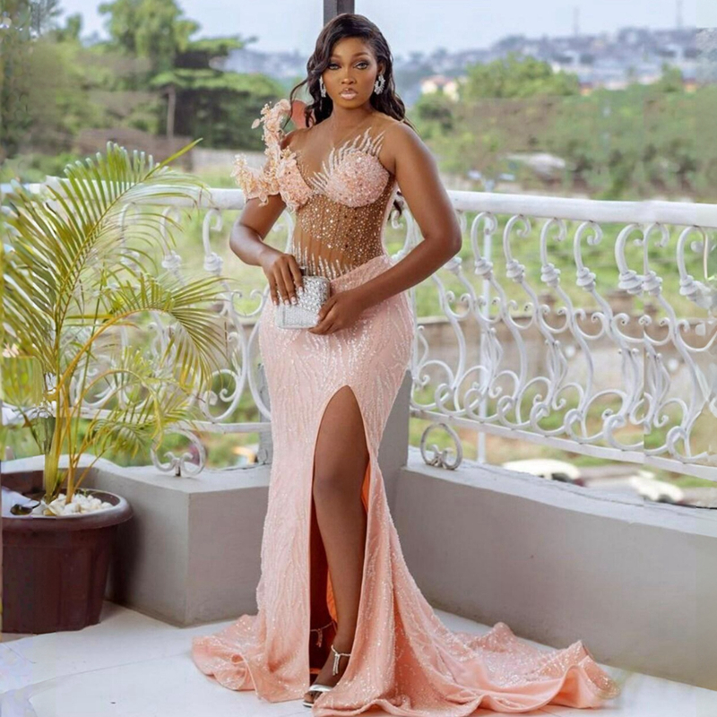 Lastest Aso Ebi Light Pink Prom Gowns Mermaid Illusion Evening Birthday Party Second Reception African Arabic Nigeria Formal Dress Bridesmaid Engagement ST262