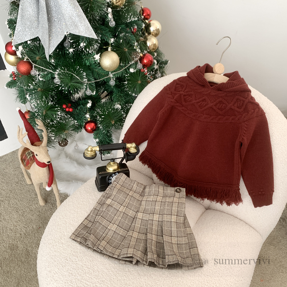 Pull de noël tricoté torsadé pour filles, pull à capuche, manches longues, ourlet avec pompon, pull rouge pour enfants, châle Z5385