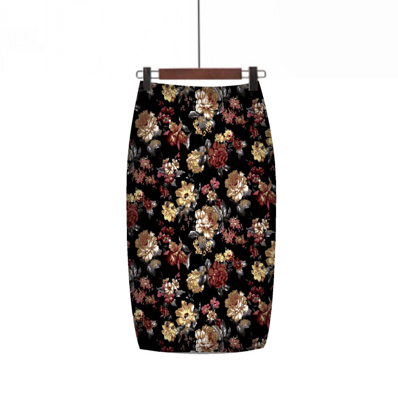 Womens Skirt Elegant Floral printing High Waist Casual Pencil Midi Mid-Calf Skirt S-2XL