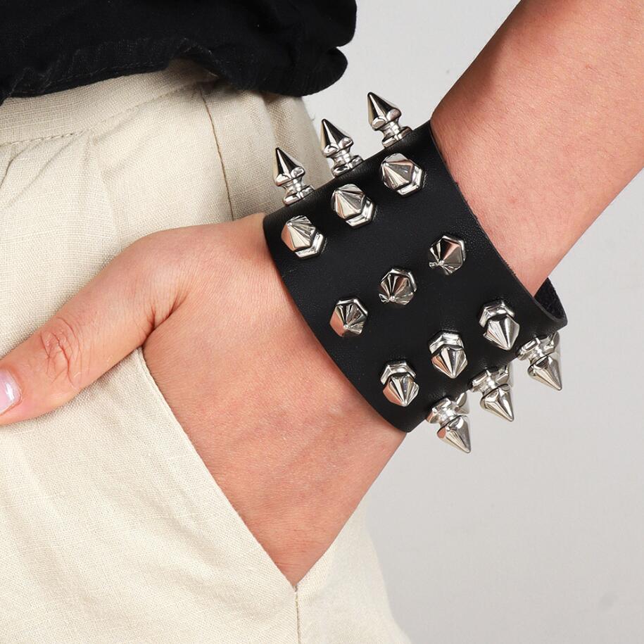 Punk Gothic Rock Spikes Rivet Cone Stud Black Wide Leather Cuff Bracelet Wristbands Charm Bangle Fashion Unisex Jewelry