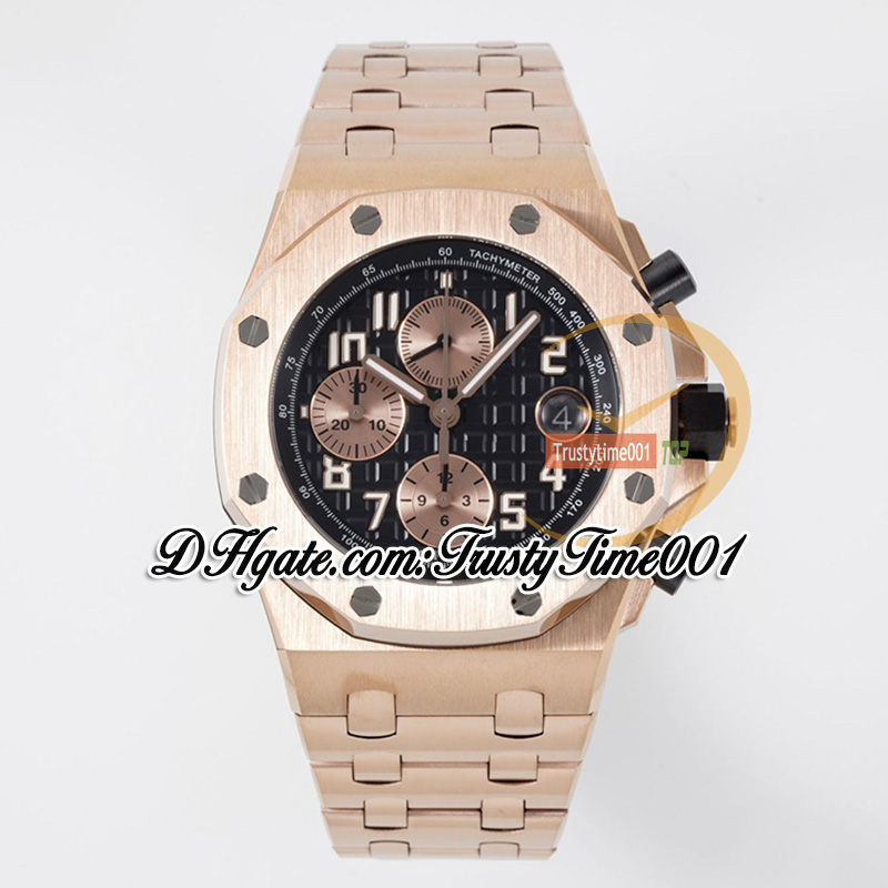 APF 42mm 26470 A3126 Cronografo automatico da uomo Orologio in oro rosa marrone con quadrante strutturato Indici numerici Bracciale in acciaio inossidabile Super Edition trustytime001Orologi