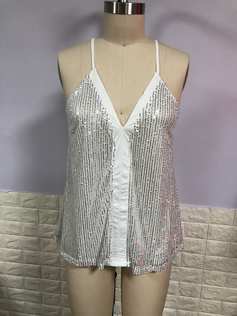 V-neck Spliced Sequin Halter Tanks & Cami for Women Sleeveless Dressy Sparkle Tank Camisole Tops Party Club Cocktail Vest Shirt