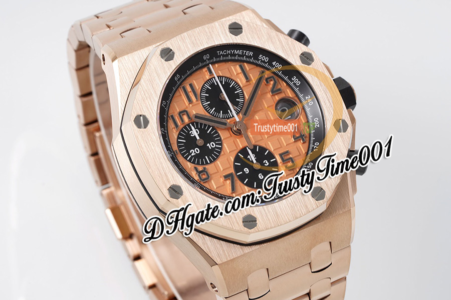 APF 42mm 26470 A3126 Cronografo automatico da uomo Orologio in oro rosa marrone con quadrante strutturato Indici numerici Bracciale in acciaio inossidabile Super Edition trustytime001Orologi