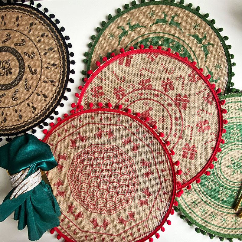 38CM Christmas Woven Placemat Ins Printed Hairball Thermal Mats Retro Napkins jute Decorative Mat