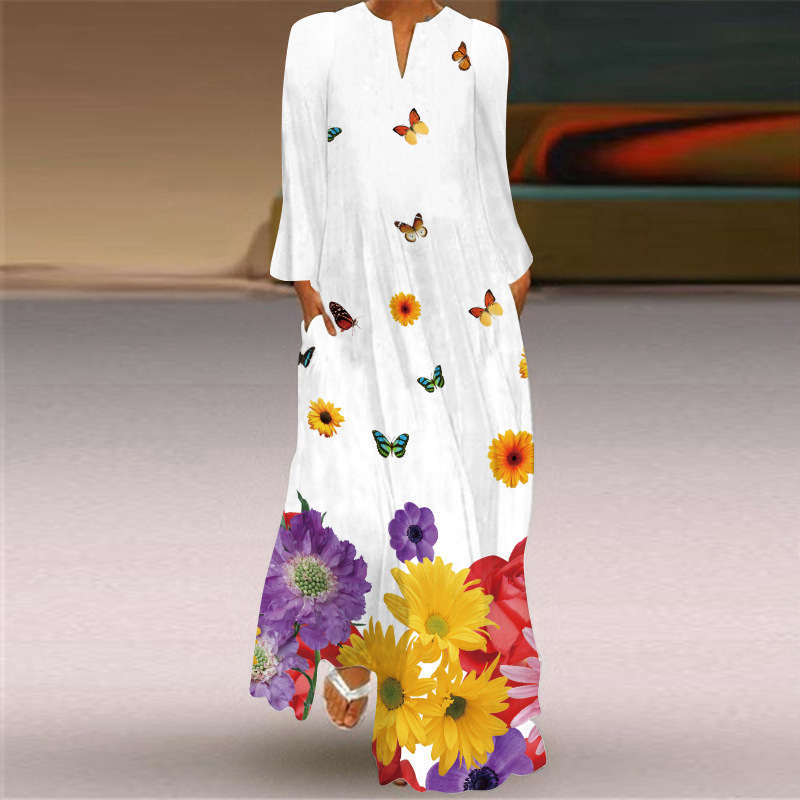 Robe d'été pour femmes imprimé tropical Maxi robes col en V à manches longues plage décontracté lâche longue robe fendue