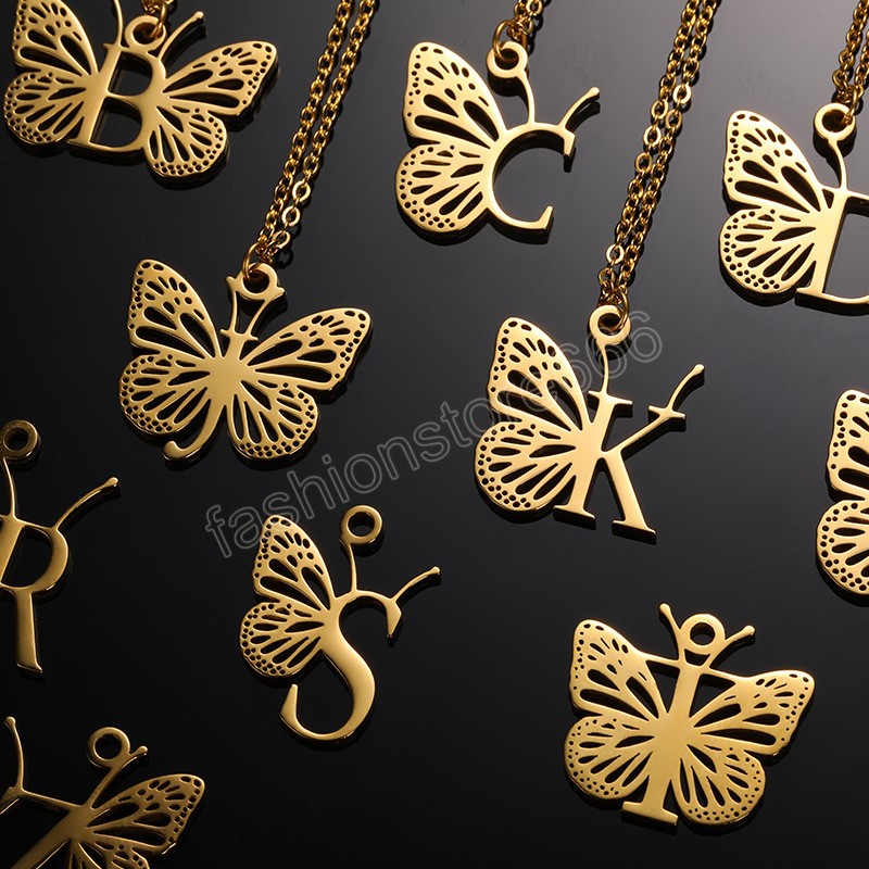 Mode papillon lettres colliers pour femmes filles en acier inoxydable Alphabet pendentif collier ras du cou fête bijoux cadeaux
