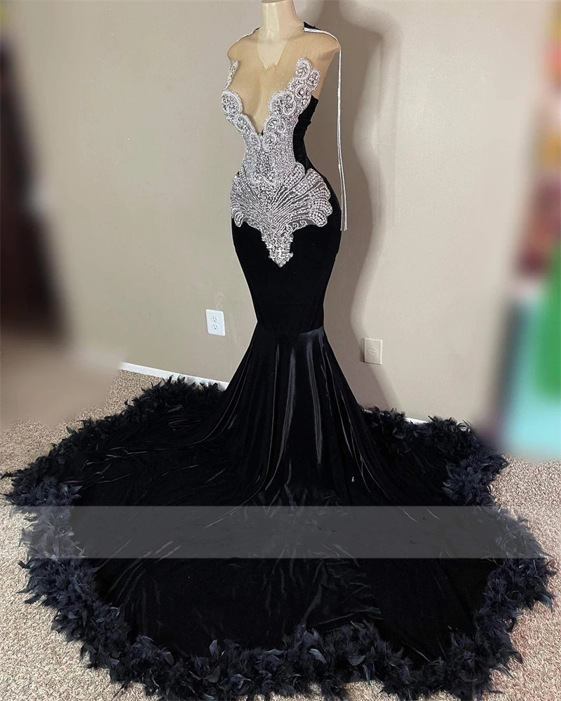 Glitter Black Velvet Mermaid Prom Dresses 2024 Luxury Sheer Neck Crystal Rhinestones Feathers Party Gowns Homecoming Robe De Bal