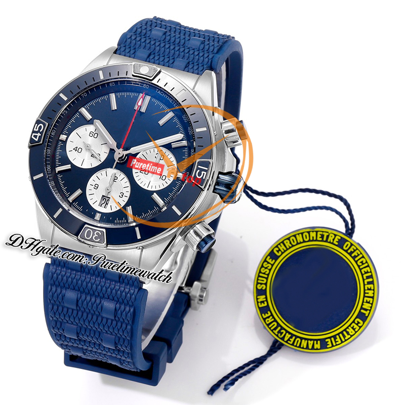 BLS Chronomat B01 ETA Valjoux A7750 Automatik-Chronograph Herrenuhr 44 Keramiklünette Blaues weißes Zifferblatt Gummi AB0136161C1S1 Super Edition Reloj Hombre Puretime B2