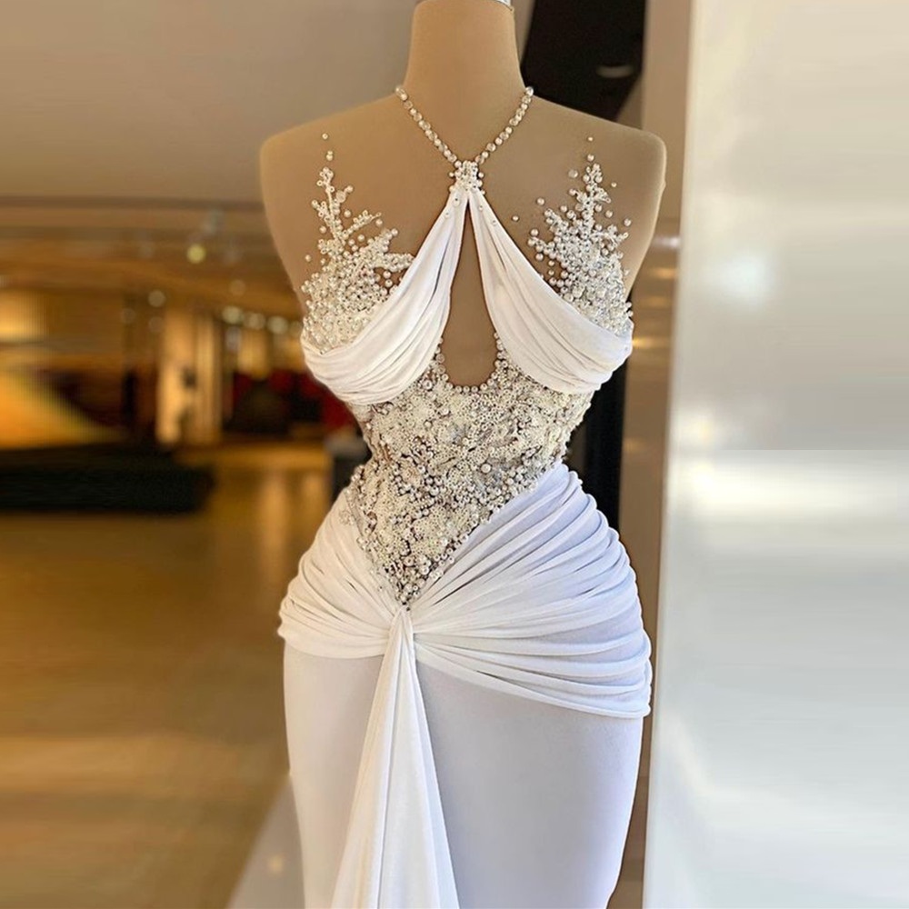 Pérolas marfim árabe saudita dubai vestidos de noiva modernos vestidos de casamento sexy sem mangas beadings vestidos de casamento até o chão