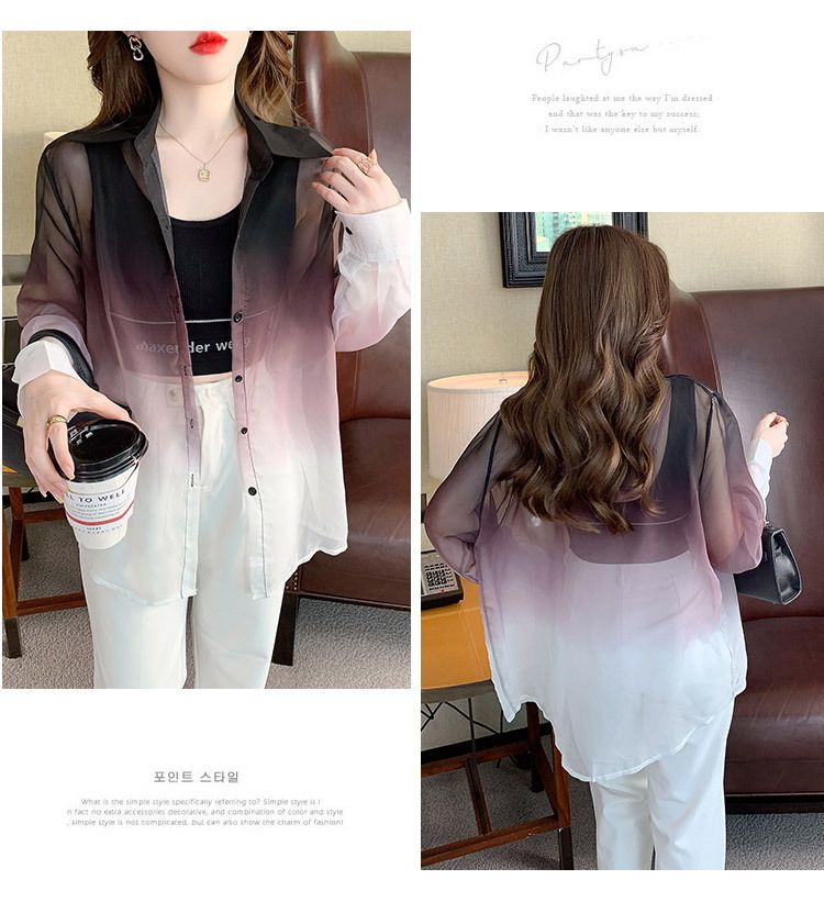 Women's new design blouse turn down collar gradient color perspective loose chiffon thin shirt SMLXLXXL3XL