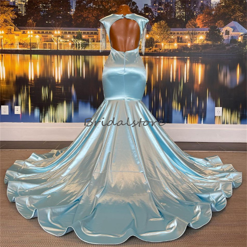 Luxury Sky Blue Prom -klänning med Crystal Tassel Mermaid Black Girls Formal Party Downs 2023 Öppna ryggen Pageant Ceremony Evening Dresses Vestidos de Fiesta Gala Women