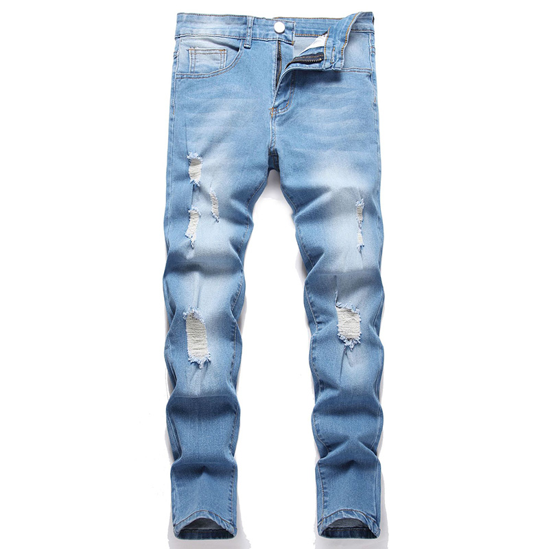 Mäns magra jeans casual smala cyklist jeans denim knähål oroliga repade blekt blekt hiphop rippade byxor tvättade mellersta vikt blyertsbyxor